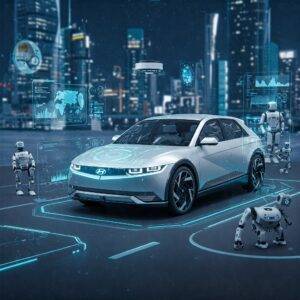 Eye-catching Hyundai concept EV with holographic data display and surrounding robots, set against a detailed future city backdrop.