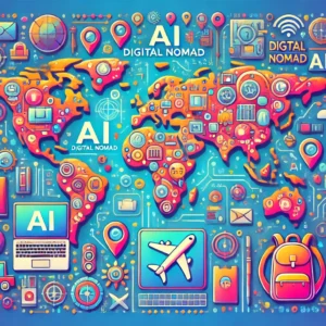 Vibrant illustration representing the AI digital nomad lifestyle with a global map, tech devices, travel essentials, and bright, modern visuals.