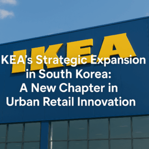 A modern IKEA building in Seoul with the company’s bold yellow logo on a blue facade, symbolizing urban retail expansion in South Korea.