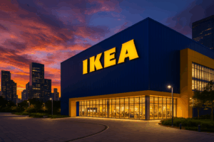 A vibrant IKEA store illuminated at twilight with a glowing yellow logo, set against a dramatic city skyline and a vivid sunset in Seoul, South Korea.