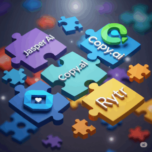 Abstract image of various colored puzzle pieces coming together to form the logos of Jasper AI, Copy.ai, and Rytr, symbolizing the complexity and integration of choosing an AI writing tool.